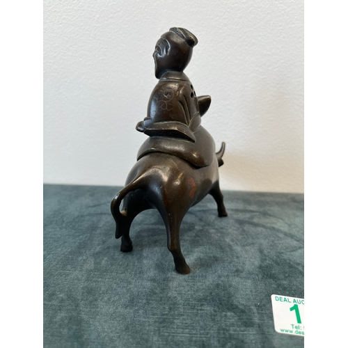 182 - Chinese bronze incense burner, fashioned as a Tao Philosopher Lazo riding a water buffalo