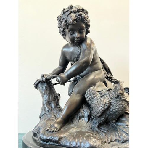 199 - Large modern bronze model of a cherub boy with a chicken.