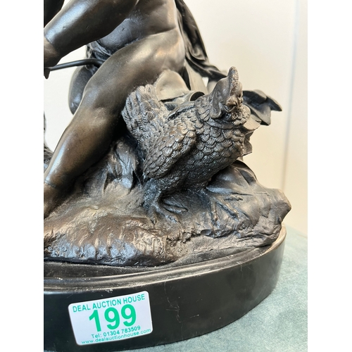 199 - Large modern bronze model of a cherub boy with a chicken.