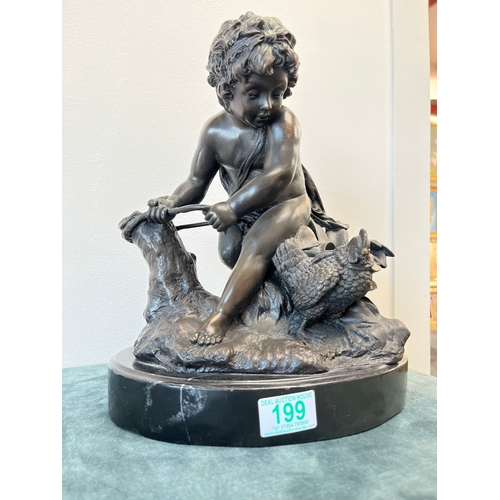 199 - Large modern bronze model of a cherub boy with a chicken.