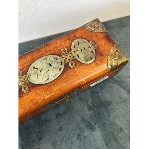 230 - Vintage Oriental Chinese wooden jewellery box with three carved jade inserts and engraved brass fitt... 