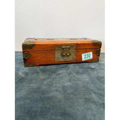 230 - Vintage Oriental Chinese wooden jewellery box with three carved jade inserts and engraved brass fitt... 