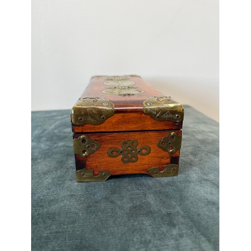 230 - Vintage Oriental Chinese wooden jewellery box with three carved jade inserts and engraved brass fitt... 