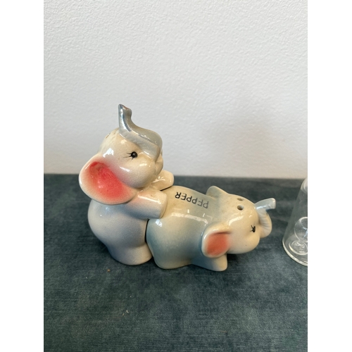 236 - Various items, elephant salt and pepper, glass bottle, aluminum animals etc.