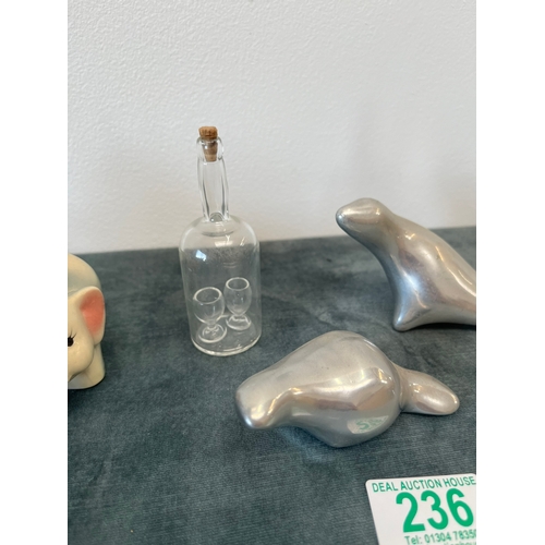 236 - Various items, elephant salt and pepper, glass bottle, aluminum animals etc.