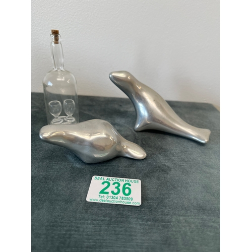 236 - Various items, elephant salt and pepper, glass bottle, aluminum animals etc.