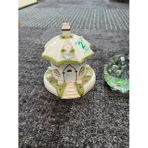 257 - Glass paperweight, Wedgewood pot + Coalport Umbrella House