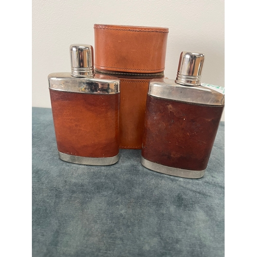 326 - Leather hip flasks in leather case