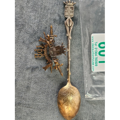 601 - Ypres souvenir spoon and one other base metal Ypres brooch