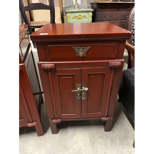 1 - Pair of red oriental side cabinets with brass handles