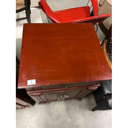 1 - Pair of red oriental side cabinets with brass handles