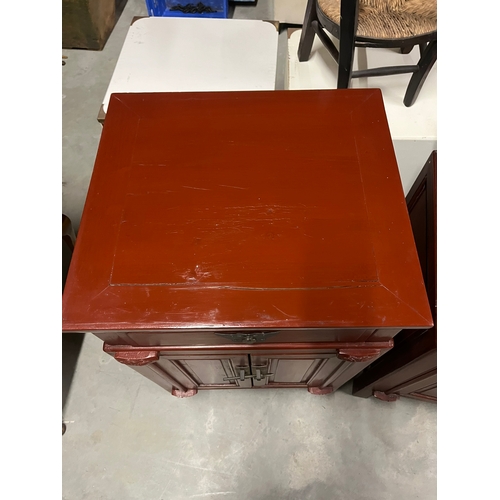 1 - Pair of red oriental side cabinets with brass handles