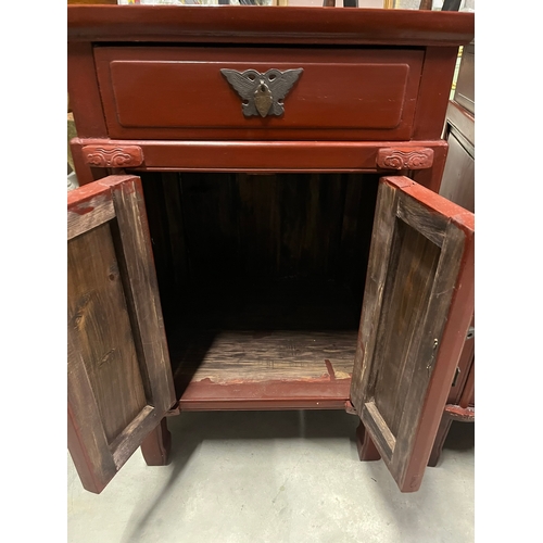 1 - Pair of red oriental side cabinets with brass handles