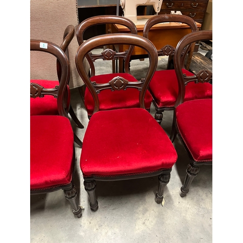 5 - Set of six red upholstered and mahogany balloon back dining chairs condition is good