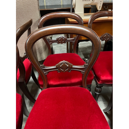 5 - Set of six red upholstered and mahogany balloon back dining chairs condition is good