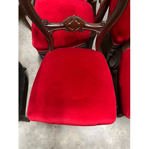 5 - Set of six red upholstered and mahogany balloon back dining chairs condition is good