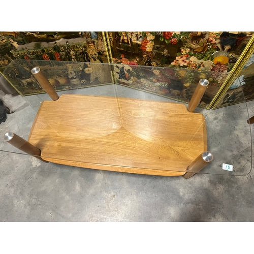 15 - Modern light elm Ercol glass coffee table