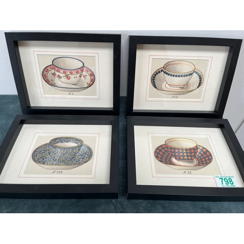 798 - Group of four framed images of tea cups. Painted on linen