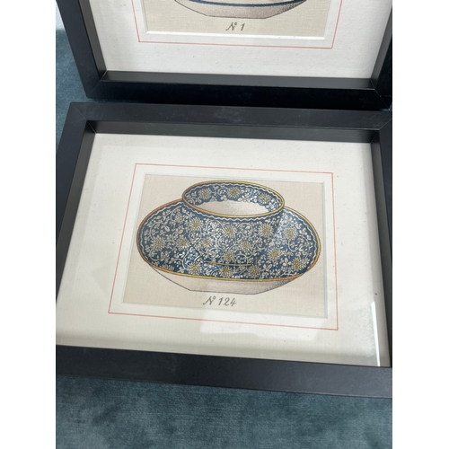 798 - Group of four framed images of tea cups. Painted on linen