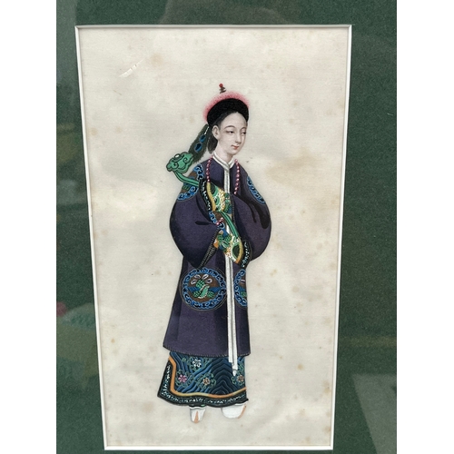 800 - Group of 3 Chinese oriental paintings on rice paper. All in long robes featuring traditional dress