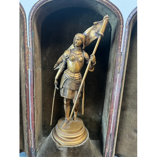 151 - Antique bronze figure of Joan of Ark in leather traveling case 

Signed to base - Ernest Justin Ferr... 