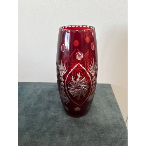 154 - Glass cut crystal vase - cranberry