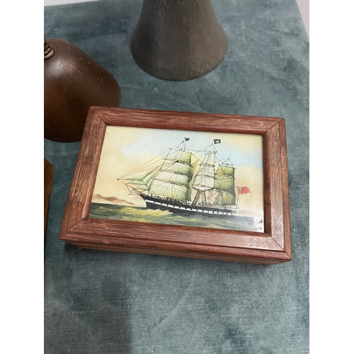 211 - 2 x Wooden boxes with painted nautical ship scenes + 2 x Pewter Talbot vases 
1 x Metal bell