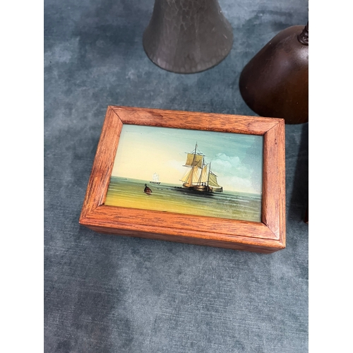 211 - 2 x Wooden boxes with painted nautical ship scenes + 2 x Pewter Talbot vases 
1 x Metal bell