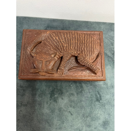 219 - Vintage high relief carved box with tiger