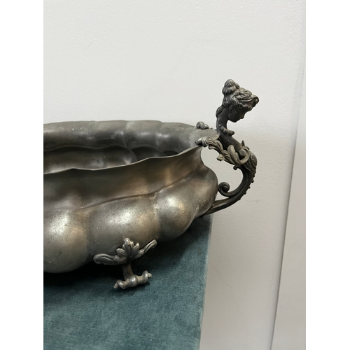 248 - Large pewter center piece with decorated handles