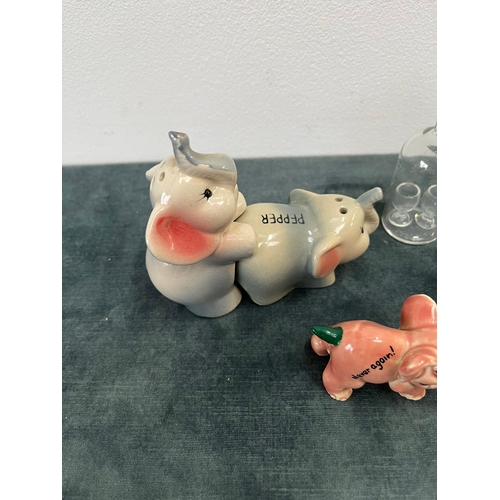 261 - Various items, elephant salt and pepper, glass bottle, aluminum animals etc.