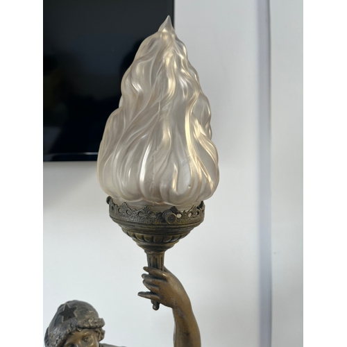 328 - In the style of A. Moreau - La Science - large spelter lamp with flame shade