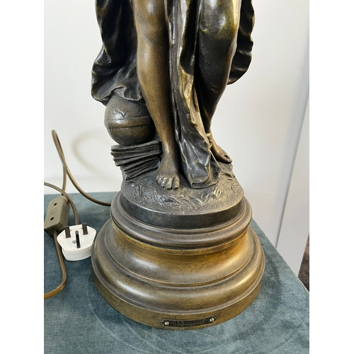 328 - In the style of A. Moreau - La Science - large spelter lamp with flame shade