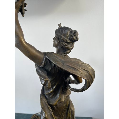 328 - In the style of A. Moreau - La Science - large spelter lamp with flame shade