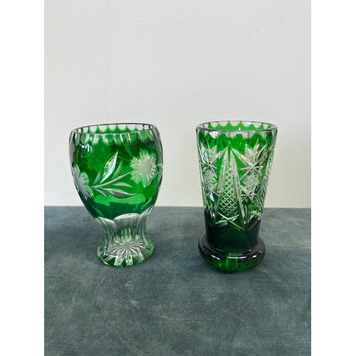 331 - 2 x Bohemia crystal style small green vases