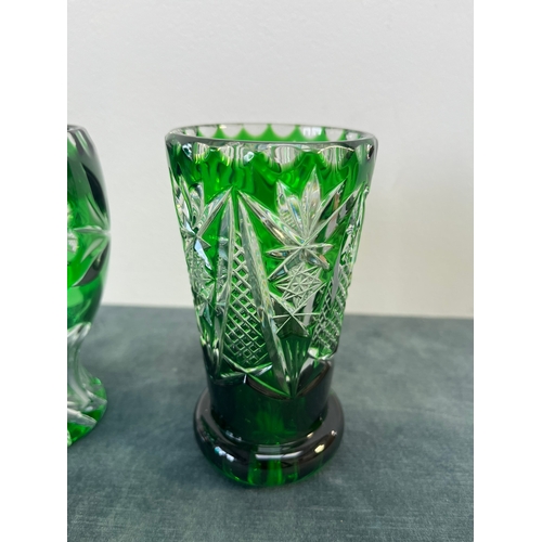 331 - 2 x Bohemia crystal style small green vases