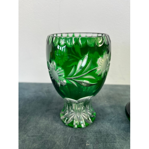 331 - 2 x Bohemia crystal style small green vases