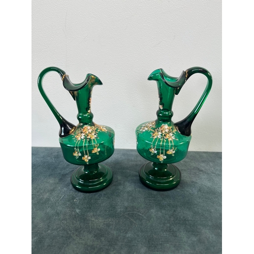 332 - 2 x Czech/ Bohemia green glass painted jugs