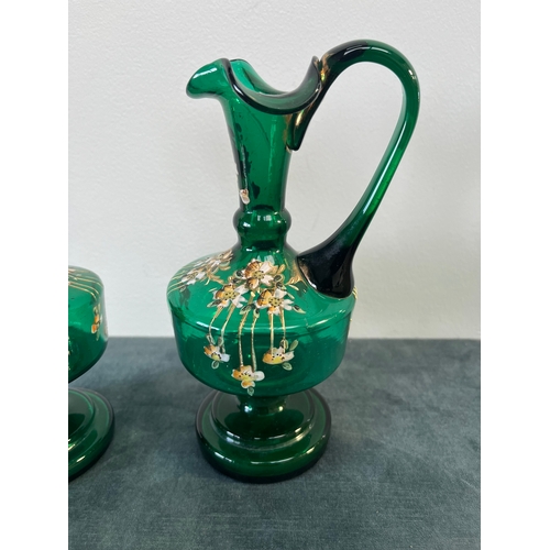 332 - 2 x Czech/ Bohemia green glass painted jugs