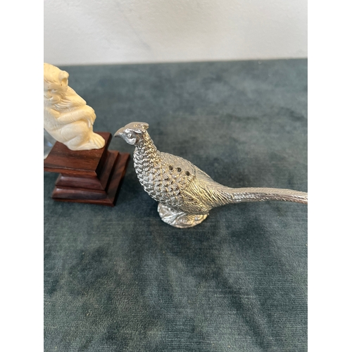 334 - 2 x Silverplate pheasant salt and pepper, monkey and sugar sifter.