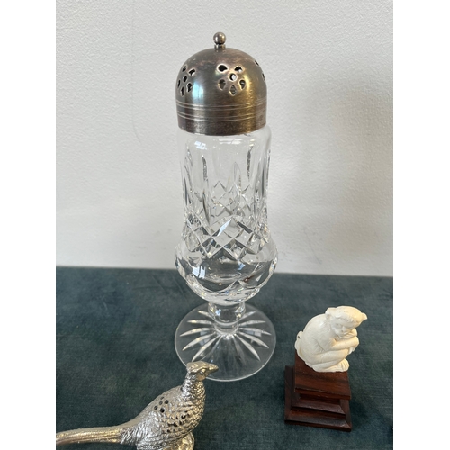 334 - 2 x Silverplate pheasant salt and pepper, monkey and sugar sifter.