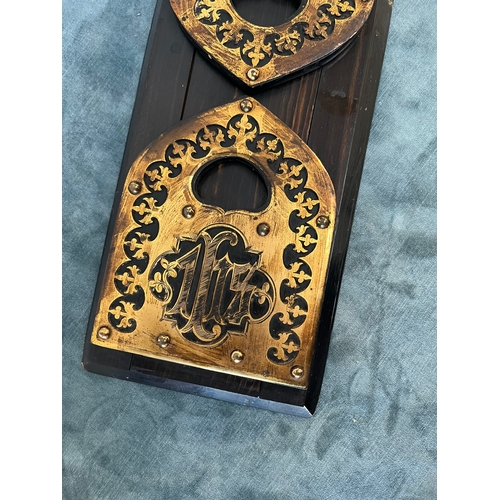 340 - Antique brass and wood book slide - IHS monogram