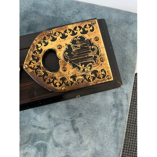 340 - Antique brass and wood book slide - IHS monogram