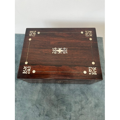 342 - Rosewood and mother of pearl inlaid sewing box - with contents