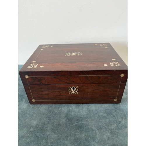 342 - Rosewood and mother of pearl inlaid sewing box - with contents