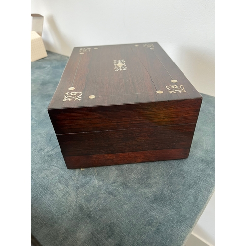 342 - Rosewood and mother of pearl inlaid sewing box - with contents