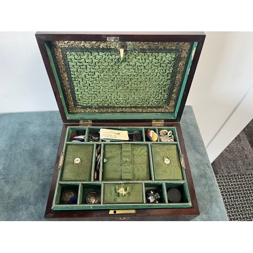 342 - Rosewood and mother of pearl inlaid sewing box - with contents