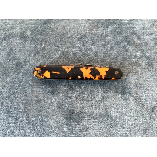 406 - Sheffield pocket knife + combination scissors with double penknife blade handles - faux tortoiseshel... 