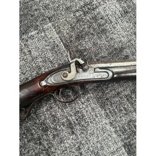 420 - 10 Bore flint lock converted to percussion gun - fowling piece 

Vendors description - Made by a wom... 