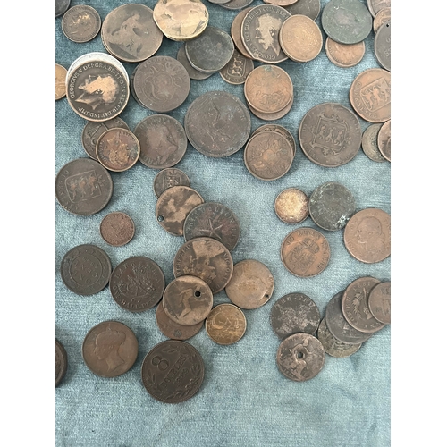 422 - Tin of assorted British and foreign antique coins